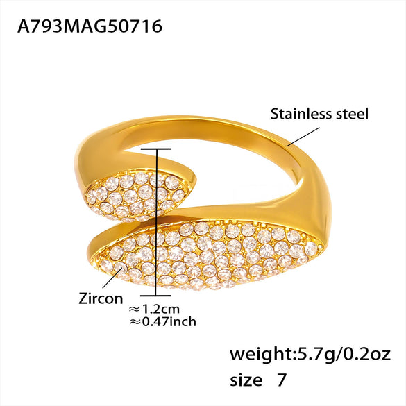 Wholesale Women's Stainless Steel Geometric Irregular Open Ring With Full Diamond Zircon Electroplating Hand Jewelry
