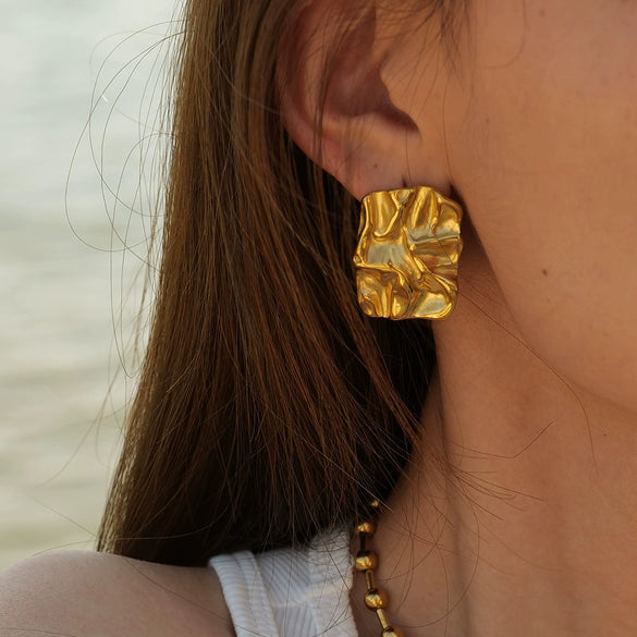 Wholesale Women's Stainless Steel Geometric Irregular Pleated Electroplated Earrings