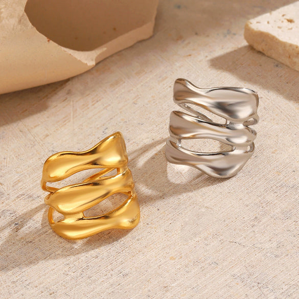Wholesale Women's Stainless Steel Geometric Irregular Retro Hiphop Open Ring With Electroplating