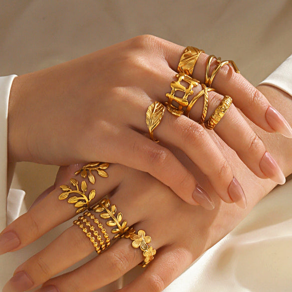 Wholesale Women's Stainless Steel Geometric Leaf Open Ring With 18K Gold Plated Electroplating In Plants Flowers Style