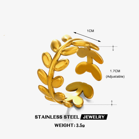 Wholesale Women's Stainless Steel Geometric Leaf Open Ring With 18K Gold Plated Electroplating In Plants Flowers Style