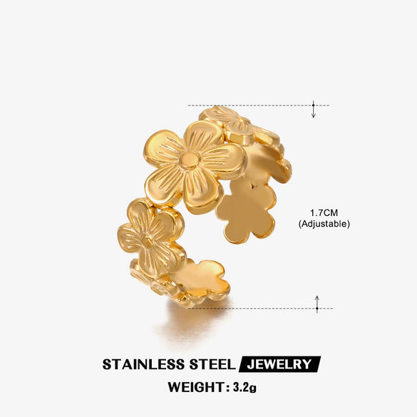 Wholesale Women's Stainless Steel Geometric Leaf Open Ring With 18K Gold Plated Electroplating In Plants Flowers Style