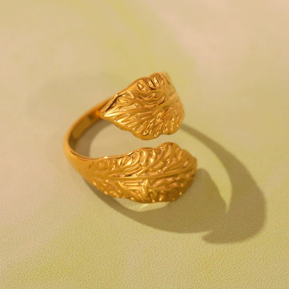 Wholesale Women's Stainless Steel Geometric Leaf Texture Open Ring With Electroplating Hand Jewelry