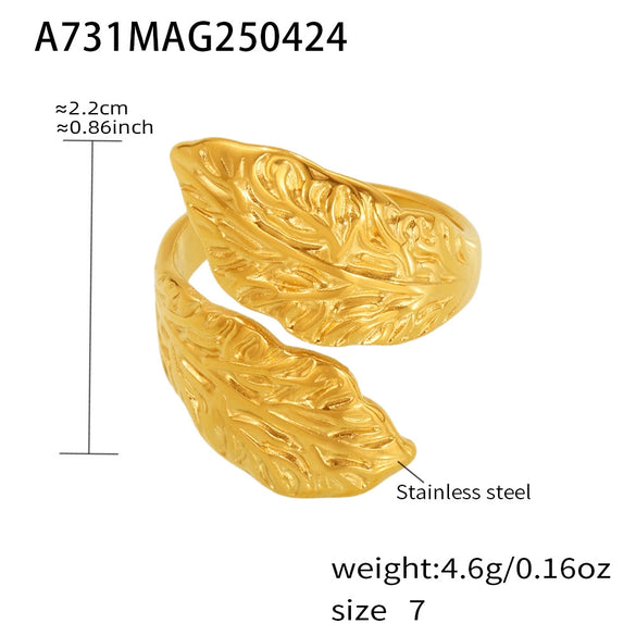 Wholesale Women's Stainless Steel Geometric Leaf Texture Open Ring With Electroplating Hand Jewelry