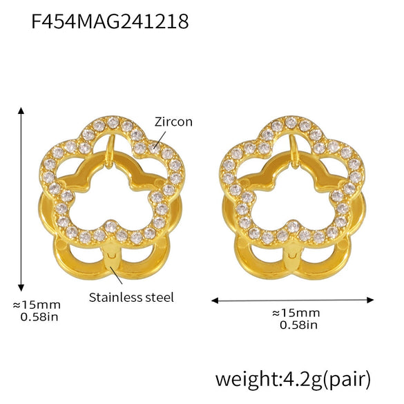 Wholesale Women's 316L Stainless Steel Geometric Light Luxury Plant Flowers Doublesided Wear Buckle Zircon Earrings Jewelry Electroplated 18K True Gold Color Preservation