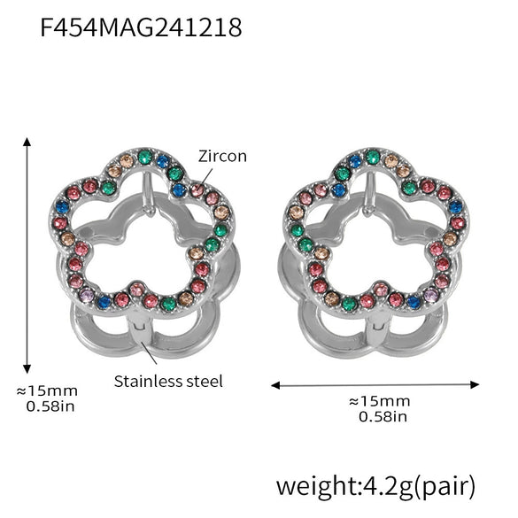 Wholesale Women's 316L Stainless Steel Geometric Light Luxury Plant Flowers Doublesided Wear Buckle Zircon Earrings Jewelry Electroplated 18K True Gold Color Preservation