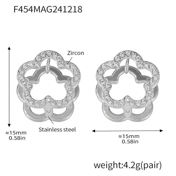 Wholesale Women's 316L Stainless Steel Geometric Light Luxury Plant Flowers Doublesided Wear Buckle Zircon Earrings Jewelry Electroplated 18K True Gold Color Preservation