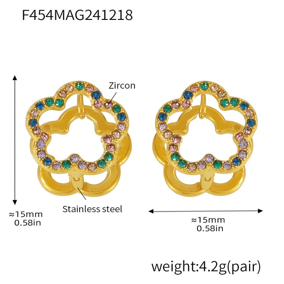 Wholesale Women's 316L Stainless Steel Geometric Light Luxury Plant Flowers Doublesided Wear Buckle Zircon Earrings Jewelry Electroplated 18K True Gold Color Preservation
