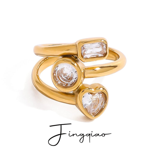 Wholesale Women's Stainless Steel Geometric Love Round Square Zircon Ring With Electroplating