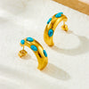 Wholesale Women's Stainless Steel Geometric Micro Inlaid Blue Turquoise Earrings With Electroplating Treatment Retro Style