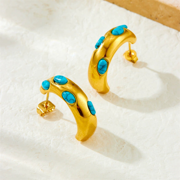 Wholesale Women's Stainless Steel Geometric Micro Inlaid Blue Turquoise Earrings With Electroplating Treatment Retro Style