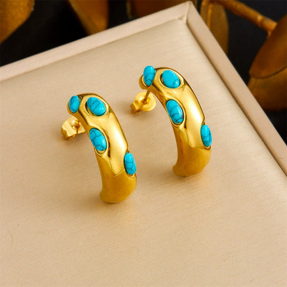 Wholesale Women's Stainless Steel Geometric Micro Inlaid Blue Turquoise Earrings With Electroplating Treatment Retro Style