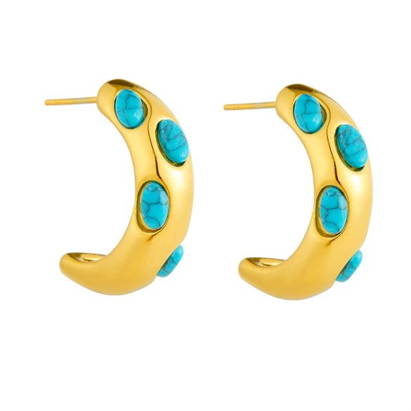 Wholesale Women's Stainless Steel Geometric Micro Inlaid Blue Turquoise Earrings With Electroplating Treatment Retro Style