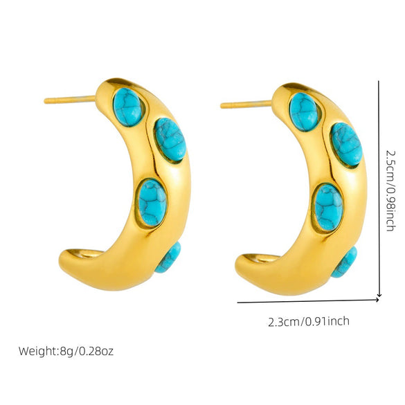 Wholesale Women's Stainless Steel Geometric Micro Inlaid Blue Turquoise Earrings With Electroplating Treatment Retro Style