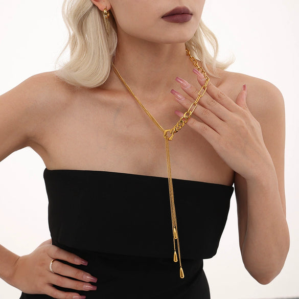 Wholesale Women's 316L Stainless Steel Geometric Multilayer Water Drop Chain Jewelry Electroplated 18K Gold