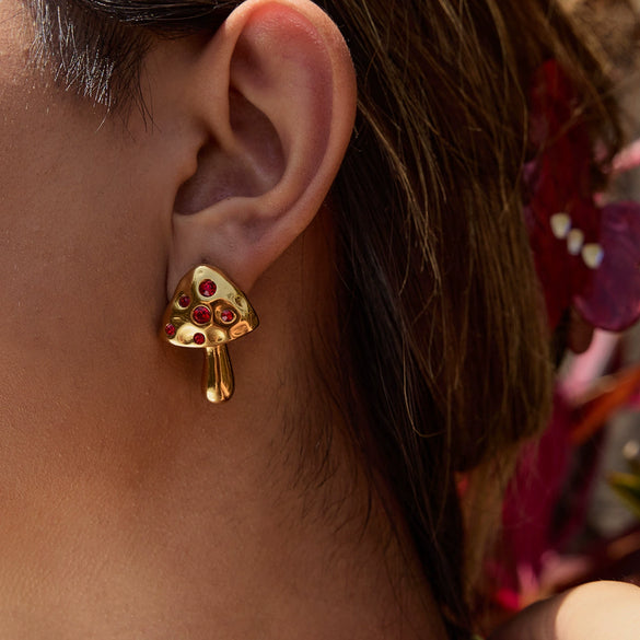 Wholesale Women's Stainless Steel Geometric Mushroom Red Zirconium Electroplated Earrings Luxury Highend Accessories