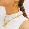 Wholesale Women's Stainless Steel Geometric Necklace And Earrings Combination With 18K Real Gold Plating And Colorful Natural Zircon Inlay