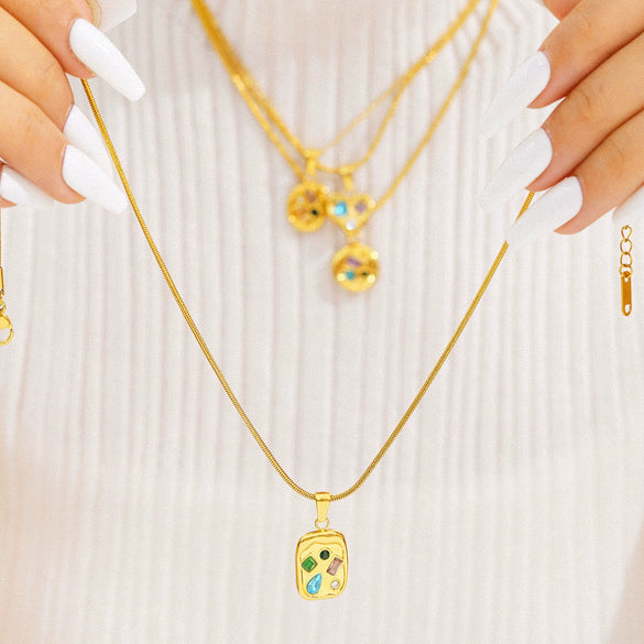 Wholesale Women's Stainless Steel Geometric Necklace And Earrings Combination With 18K Real Gold Plating And Colorful Natural Zircon Inlay