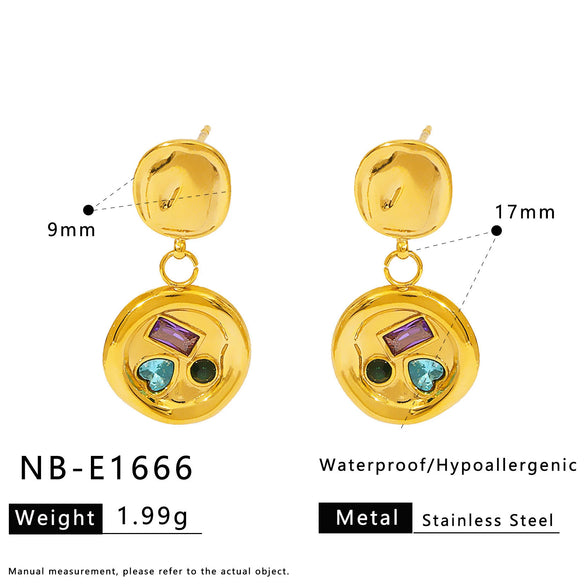 Wholesale Women's Stainless Steel Geometric Necklace And Earrings Combination With 18K Real Gold Plating And Colorful Natural Zircon Inlay