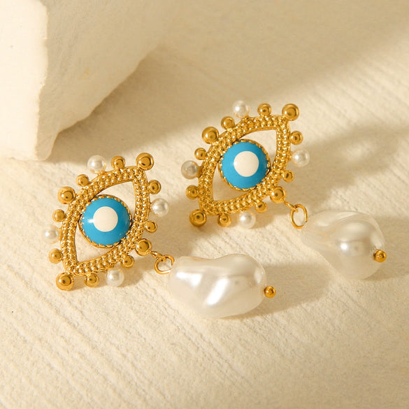 Wholesale Women's Stainless Steel Geometric Oil Drop Devil's Eye Earrings With Electroplating And Pearl