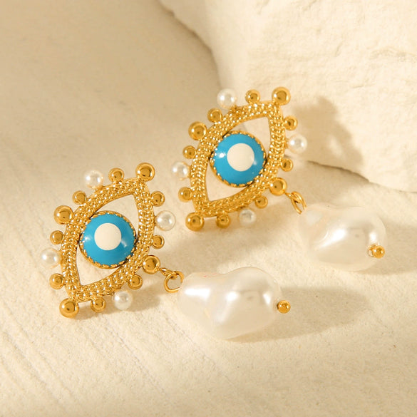 Wholesale Women's Stainless Steel Geometric Oil Drop Devil's Eye Earrings With Electroplating And Pearl