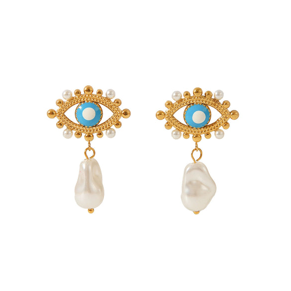 Wholesale Women's Stainless Steel Geometric Oil Drop Devil's Eye Earrings With Electroplating And Pearl