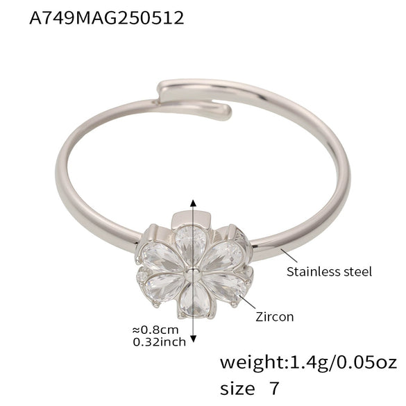 Wholesale Women's 316L Stainless Steel Geometric Open Ring With Electroplating And Zircon Water Drop Small Flower Design