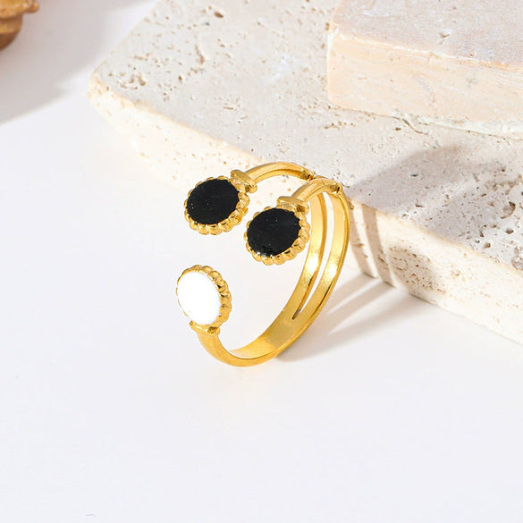 Wholesale Women's Stainless Steel Geometric Open Ring With Oil Dripping Black And White French Retro And Electroplating Style