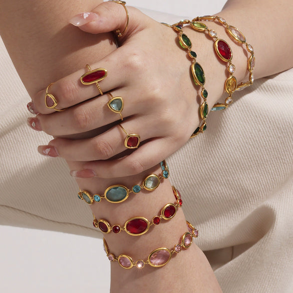 Wholesale Women's 316L Stainless Steel Geometric Oval Faceted Czech Glass Bracelet With Electroplating