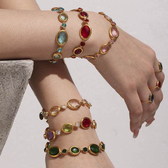 Wholesale Women's 316L Stainless Steel Geometric Oval Faceted Czech Glass Bracelet With Electroplating