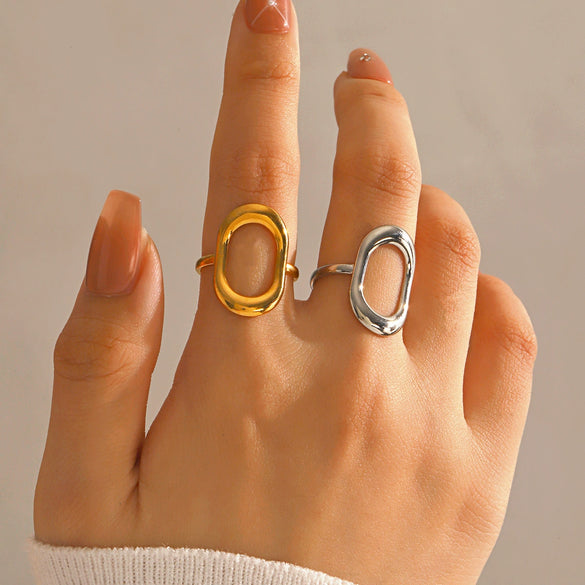 Wholesale Women's Stainless Steel Geometric Oval Hollow Adjustable Ring With Electroplating