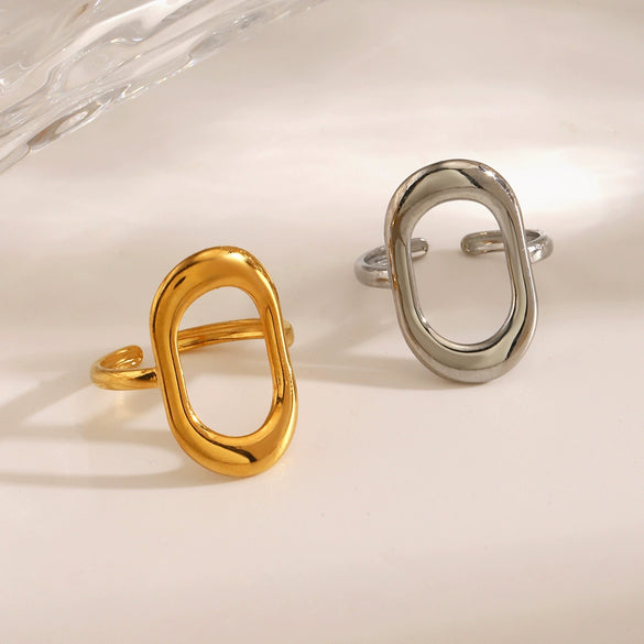 Wholesale Women's Stainless Steel Geometric Oval Hollow Adjustable Ring With Electroplating