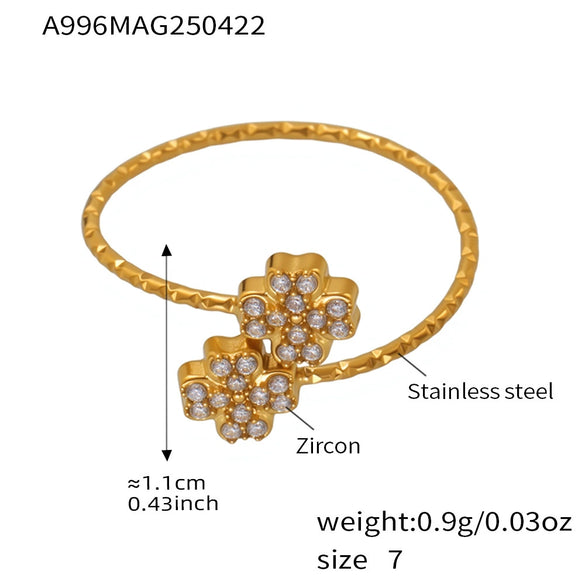 Wholesale Women's Stainless Steel Geometric Pattern Electroplated Microinlaid Zircon Ferris Wheel Fourleaf Flower Opening Finger Ring