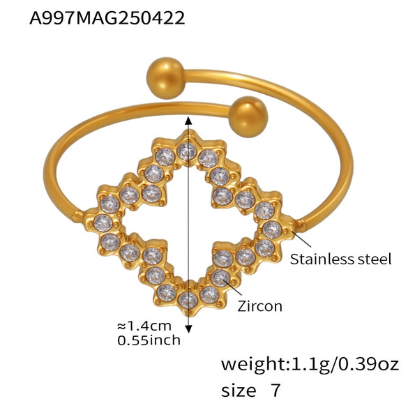 Wholesale Women's Stainless Steel Geometric Pattern Electroplated Microinlaid Zircon Ferris Wheel Fourleaf Flower Opening Finger Ring