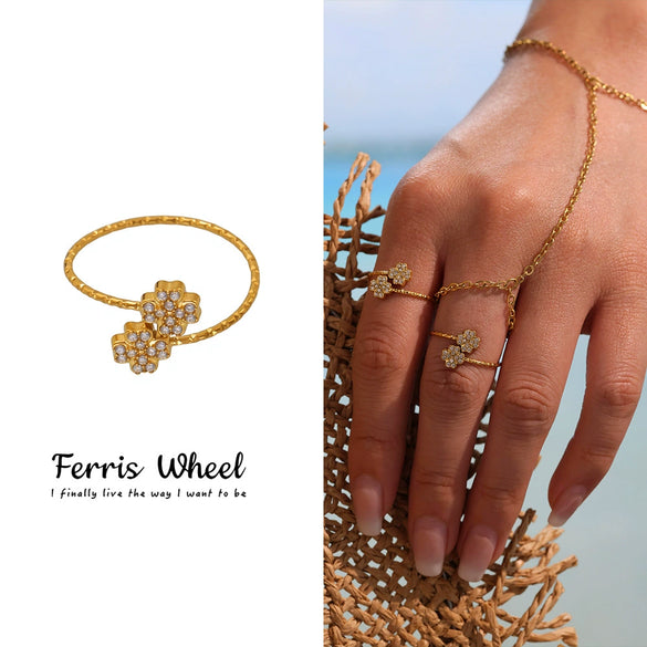Wholesale Women's Stainless Steel Geometric Pattern Electroplated Microinlaid Zircon Ferris Wheel Fourleaf Flower Opening Finger Ring