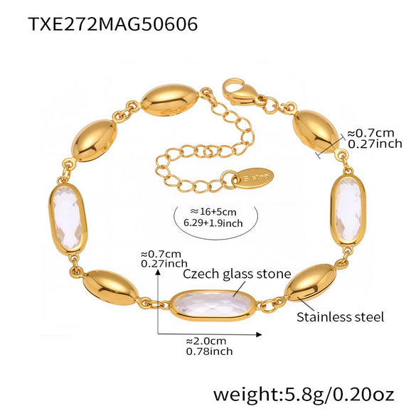 Wholesale Women's 316L Stainless Steel Geometric Pattern Electroplated Oval Glass Stone Bracelet Jewelry