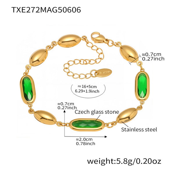 Wholesale Women's 316L Stainless Steel Geometric Pattern Electroplated Oval Glass Stone Bracelet Jewelry