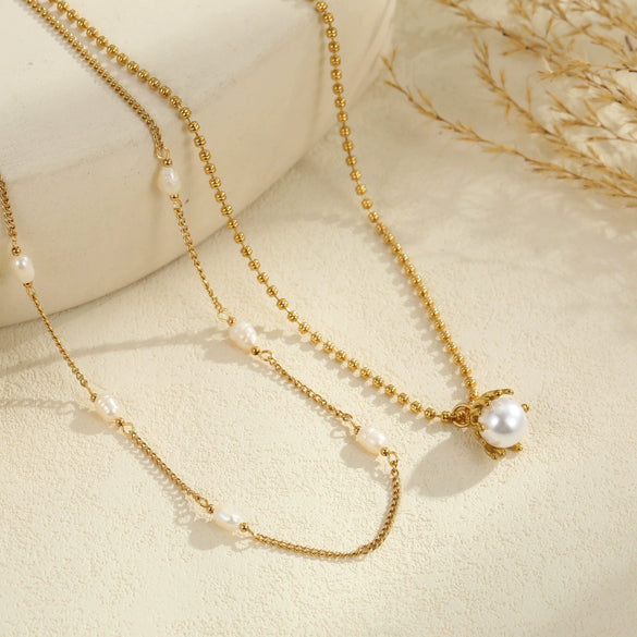 Wholesale Women's Stainless Steel Geometric Pearl Stacking Necklaces With Electroplating Retro Design