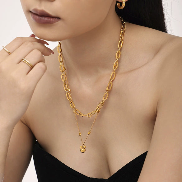 Wholesale Women's 316L Stainless Steel Geometric Pendant Double Necklace 18K Gold Plated Jewelry