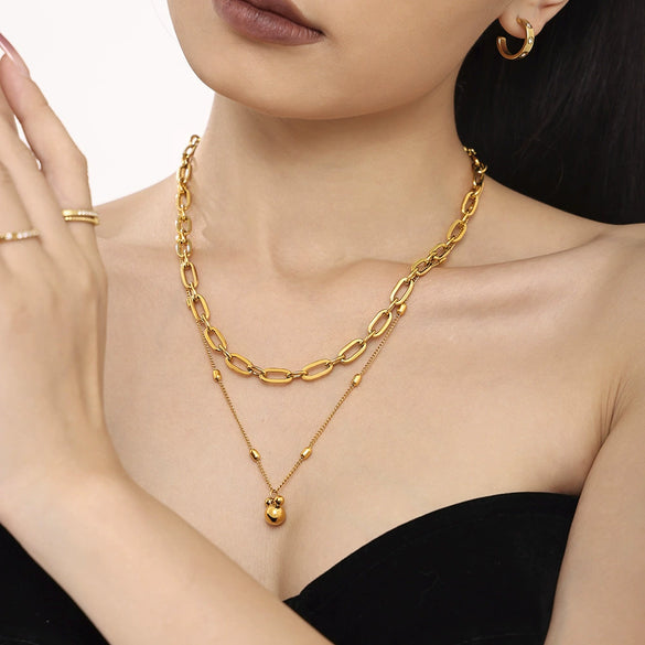 Wholesale Women's 316L Stainless Steel Geometric Pendant Double Necklace 18K Gold Plated Jewelry