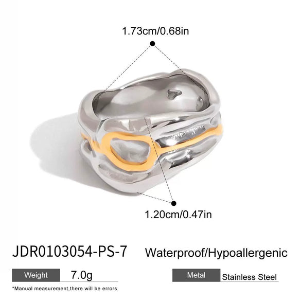 Wholesale Women's Stainless Steel Geometric Pleated Asymmetrical Ring With 18K Gold Electroplating
