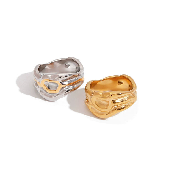 Wholesale Women's Stainless Steel Geometric Pleated Asymmetrical Ring With 18K Gold Electroplating
