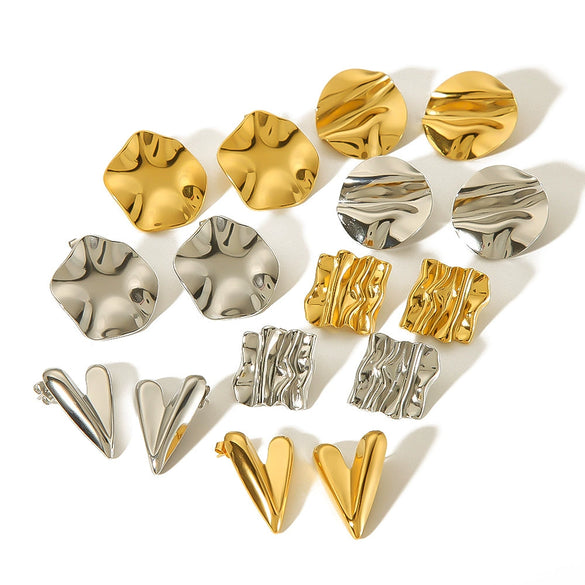 Wholesale Women's Stainless Steel Geometric Pleated Texture Electroplated Earrings