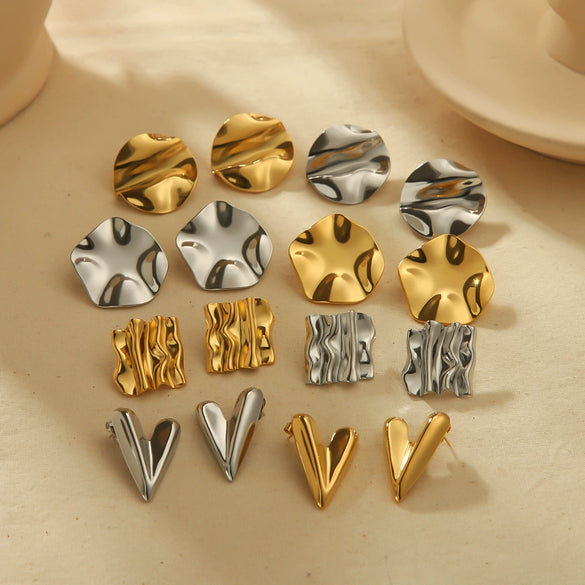 Wholesale Women's Stainless Steel Geometric Pleated Texture Electroplated Earrings