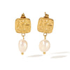 Wholesale Women's Stainless Steel Geometric Pleated Textured Pearl Earrings With Electroplating