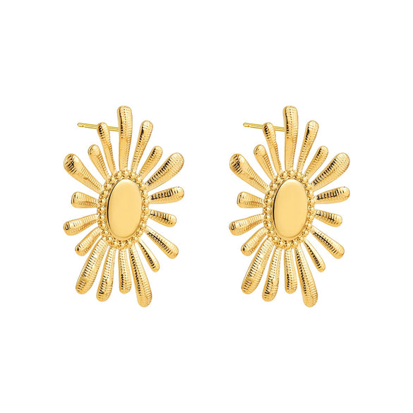 Wholesale Women's Stainless Steel Geometric Pleated Thread Sunflower Hammered Earrings With 18K Gold Electroplating