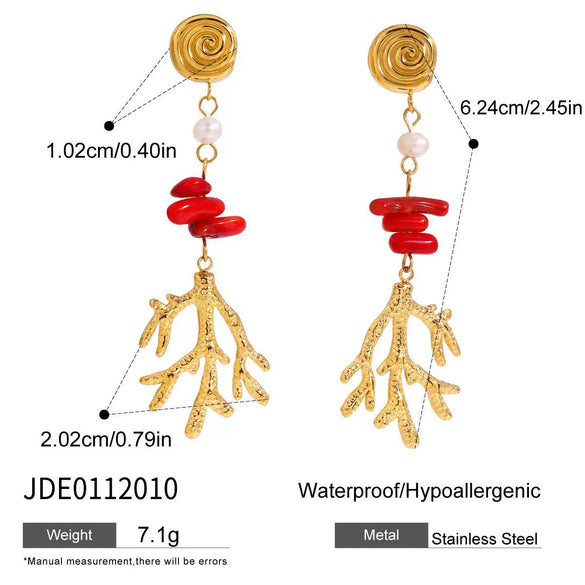 Wholesale Women's Stainless Steel Geometric Red Stone Freshwater Pearl Pendant Earrings With Electroplating And Quiet Minimalist Design