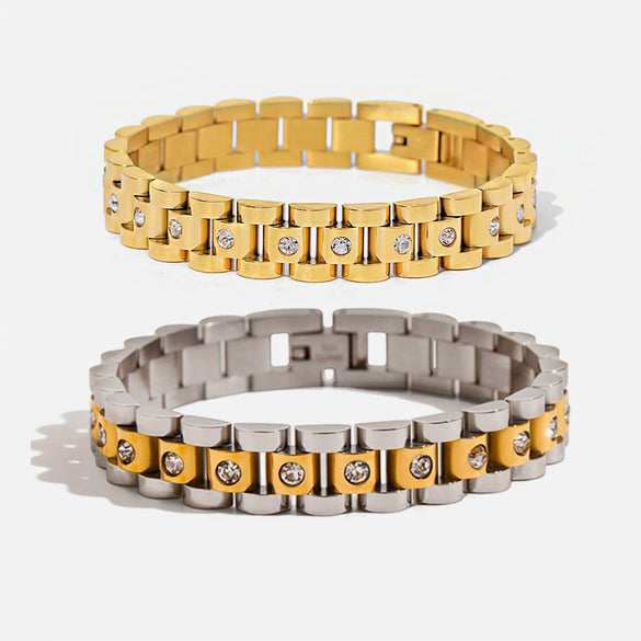 Wholesale Women's Stainless Steel Geometric Retro Exquisite Bracelet With Electroplating And White Rhinestones