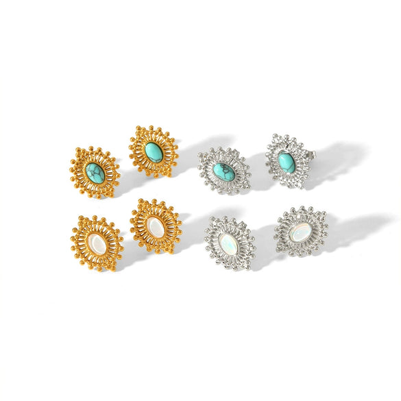 Wholesale Women's Stainless Steel Geometric Retro Highgrade Blue Turquoise Earrings With Electroplating