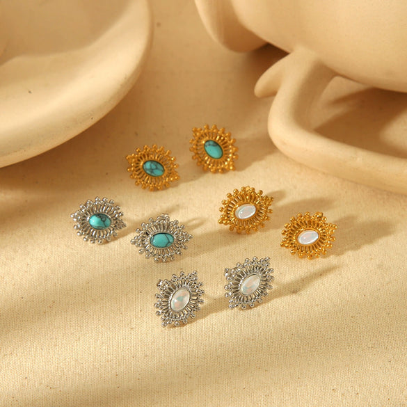 Wholesale Women's Stainless Steel Geometric Retro Highgrade Blue Turquoise Earrings With Electroplating
